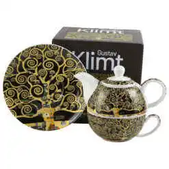Set ceainic cu ceasca, farfurioara si infuzor metalic 350 ml/300 ml, "Tree of Life" de Gustav Klimt, in cutie decorativa, maro