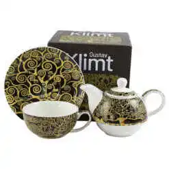 Alternative view of Set ceainic cu ceasca, farfurioara si infuzor metalic 350 ml/300 ml, "Tree of Life" de Gustav Klimt, in cutie decorativa, maro