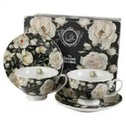 Set 2 cesti cu farfurii din portelan 250 ml "English Roses Black", in cutie decorativa