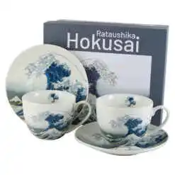 Set 2 cesti cu farfurii din portelan 270 ml, "The great Wave"de Hokusai, in cutie decorativa