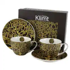 Set 2 cesti cu farfurii din portelan 270 ml "Tree of Life" de Gustav Klimt, in cutie decorativa, maro