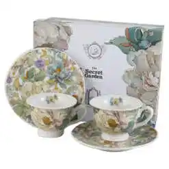 Set 2 cesti espresso cu farfurii din portelan 100 ml "Peony White", in cutie decorativa