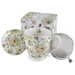 Cana portelan cu infuzor metalic si capac 510 ml, "English Roses White" in cutie decorativa