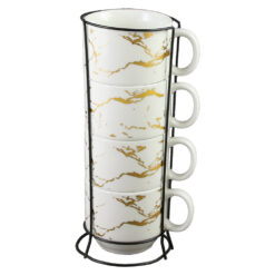 Set 4 cesti din ceramica cu suport metalic, 150 ml, Alb & auriu