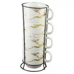 Set 4 cesti din ceramica cu suport metalic, 150 ml, Alb & auriu