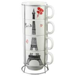 Set 4 cesti din ceramica cu suport metalic, 150 ml, Turnul Eiffel