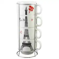 Set 4 cesti din ceramica cu suport metalic, 150 ml, Turnul Eiffel