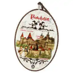 Suport oale decor din ceramica "Romania, Castele" 14x20 CM, maro