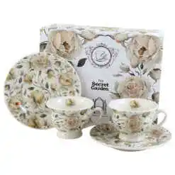 Set 2 cesti cu farfurii, din portelan 100 ml "English Roses White", in cutie decorativa