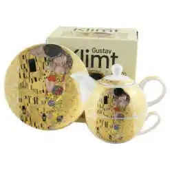 Set ceainic cu ceasca, farfurioara si infuzor metalic 350 ml/300 ml, "The Kiss" de Gustav Klimt, ecru, in cutie decorativa, maro