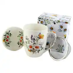 Cana portelan cu infuzor metalic si capac 350 ml, "Basket of Flowers-Daisy", in cutie decorativa