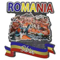 Magnet frigider din lemn "Romania" 8x8 CM, Sibiu, tricolor
