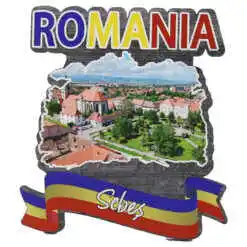 Magnet frigider din lemn "Romania" 8x8 CM, Sebes, tricolor