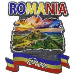 Magnet frigider din lemn "Romania" 8x8 CM, Deva, tricolor