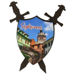 Magnet frigider din lemn "Sighisoara" 8x9 CM, scut cu sabii