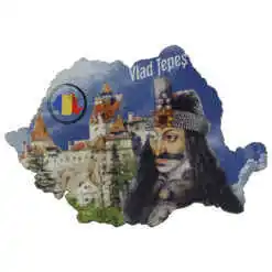 Magnet frigider din lemn "Vlad Tepes" 9x6 CM, Harta Romaniei, Castelul Bran