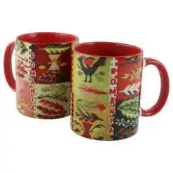 Cana ceramica "Romania" cu motive florale, 330 ml, colorata