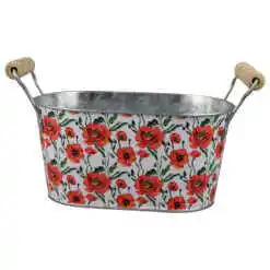 Ghiveci oval din metal, cu manere, 19x11.5 CM, Flori de maci