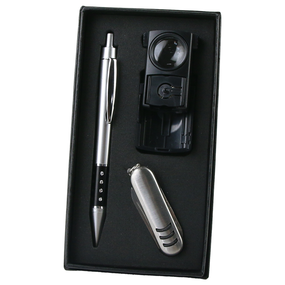 Set cadou pentru barbati, Pix, briceag si lupa