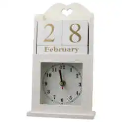 Calendar Perpetuu din lemn cu ceas 14x26 CM, Alb/auriu