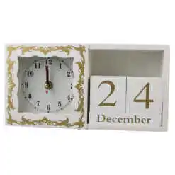 Calendar Perpetuu din lemn cu ceas 25x13 CM, Alb/auriu