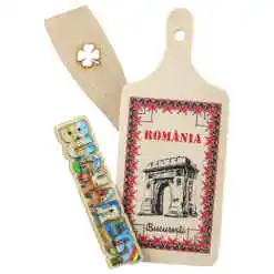Set ustensile bucatarie din lemn cu magnet frigider "Bucuresti", 3 piese, Arcul de Triumf