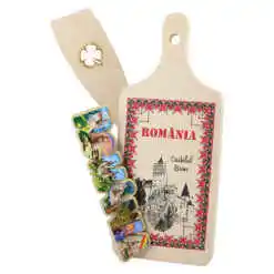 Set ustensile bucatarie din lemn cu magnet frigider "Romania", 3 piese, Castelul Bran