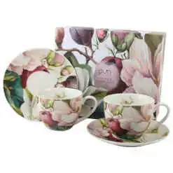 Set 2 cesti cu farfurii, din portelan 270 ml, "Magnolie", in cutie decorativa