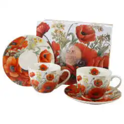 Set 2 cesti cu farfurii, din portelan 270 ml, "Poppies", in cutie decorativa