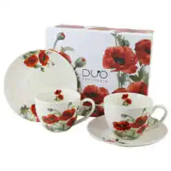Set 2 cesti cu farfurii, din portelan 270 ml, "Classic Poppies", in cutie decorativa