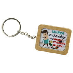 Breloc din bambus "Munca are 3 avantaje: Vineri/Concediu/Salariu", 4x5 CM