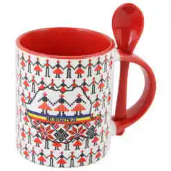 Cana ceramica cu lingurita, "Romania", 330 ml, motive traditionale, rosu