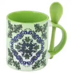 Cana ceramica cu lingurita, 330 ml, Verde, motive traditionale Corund