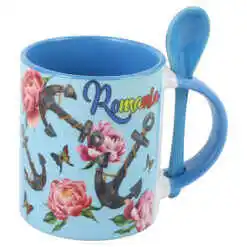 Cana ceramica cu lingurita, 330 ml, "Romania", Ancora, albastru