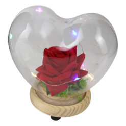 Cupola inimioara cu trandafir rosie si LED, 12 cm, cu cutie de cadou