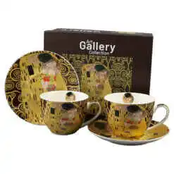 Set 2 cesti cu farfurii din portelan 270 ml "The Kiss" de Gustav Klimt, in cutie decorativa, maro