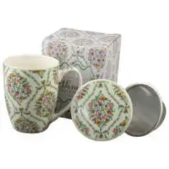 Cana portelan cu infuzor metalic si capac 360 ml, "Fiori classic", in cutie decorativa