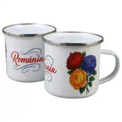 Cana metalica emailata 240 ml, Romania, Bujor tricolor