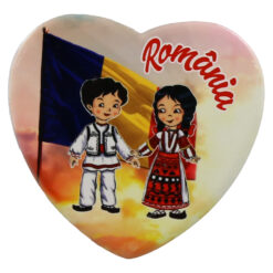 Magnet din ceramica "Romania" 7 CM, Copii in port traditional, inimioara