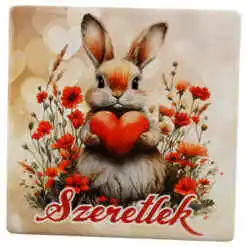Magnet frigider ceramica "Szeretlek" 7.5x7.5 cm, cu iepuras