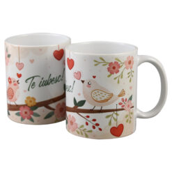 Cana din ceramica, 330 ml, "Te iubesc!", cu pasari si inimioare