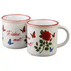 Cana ceramica vintage "Te iubesc mult!", 280 ml, cu trandafir rosu