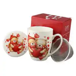 Cana portelan cu infuzor metalic si capac, 360 ml, Ursuleti cu inima, cu cutie cadou