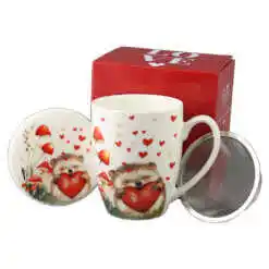Cana portelan cu infuzor metalic si capac, 360 ml, Arici cu inima, cu cutie cadou