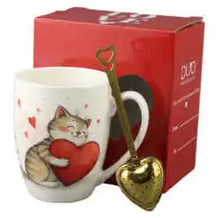 Cana portelan cu infuzor metalic inima, 360 ml, Pisica cu inima, cu cutie cadou