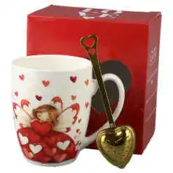 Cana portelan cu infuzor metalic inima, 360 ml, Ingeras cu inimioare, cu cutie cadou