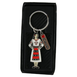 Breloc metalic "I love Romania", port traditional, 6 cm