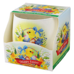 Lumanare parfumata de Paste in pahar, 100 g, Happy Easter, cu pui si flori