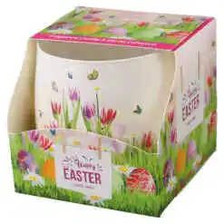 Lumanare parfumata de Paste in pahar, 100 g, Happy Easter, cu lalele