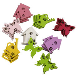 Set 24 decoruri din lemn 3-4 cm, fluturasi, casuta de pasari si stropitoare